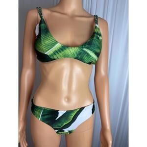 Unbranded green leaf tropical swimsuit with braided straps size large